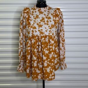 Hailey & Co Floral Mustard Flowy Ruffle Fall top Womens M